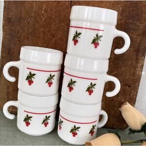 Vintage Milk Glass Demitasse Cups Mugs Cherry Hook Italy Cerve Stackable SET 5